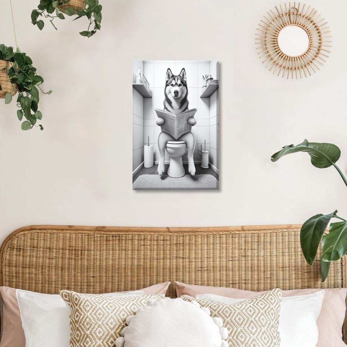 Siberian Husky on the Toilet Reading Newspaper Canvas Print Funny Animal Artwork Prints Aesthetic Posters Home Decor Bathroom Art Wall Decor Unframed12x18inch