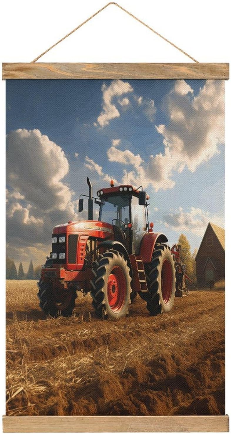 Vintage Fantasy Farm Tractor Poster with Wooden Frame Personalized Linen Hanging Scroll Painting Rustic Wall Hanging Illustrative Modern Artwork Decor for Home Living Room Bedroom Office