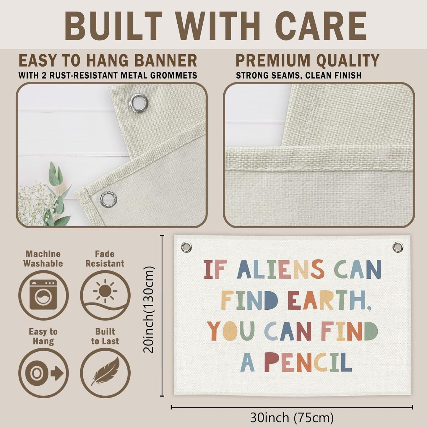 Funny Classroom Banner, Colorful Kids Room Decor, If Aliens Can Find Earth You Can Find A Pencil Sign, Nursery Canvas Flag Wall Hanging Decor Art for Playroom Toddler Room Preschool 20x30in