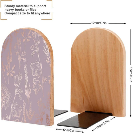 Rose Gold Floral Wooden Bookend Non-Slip Book Ends Heavy Duty Book Stopper with Metal Base Books Holderd Decorative Bookends Stands Firmly for Office Supplies