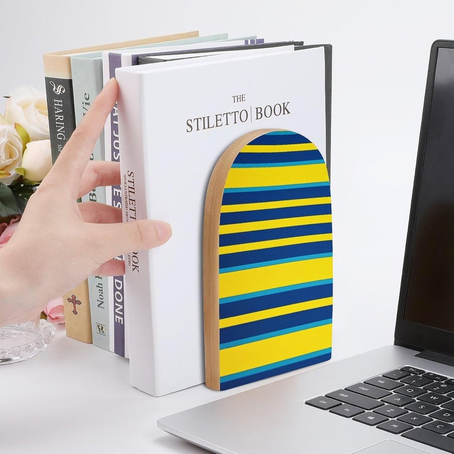Yellow and Blue Stripes Bookend for Shelves Wooden Book End Large Size Sturdy Book Holders Stoppers with Metal Base for Bookshelves Slick Decorative Bookends Stands