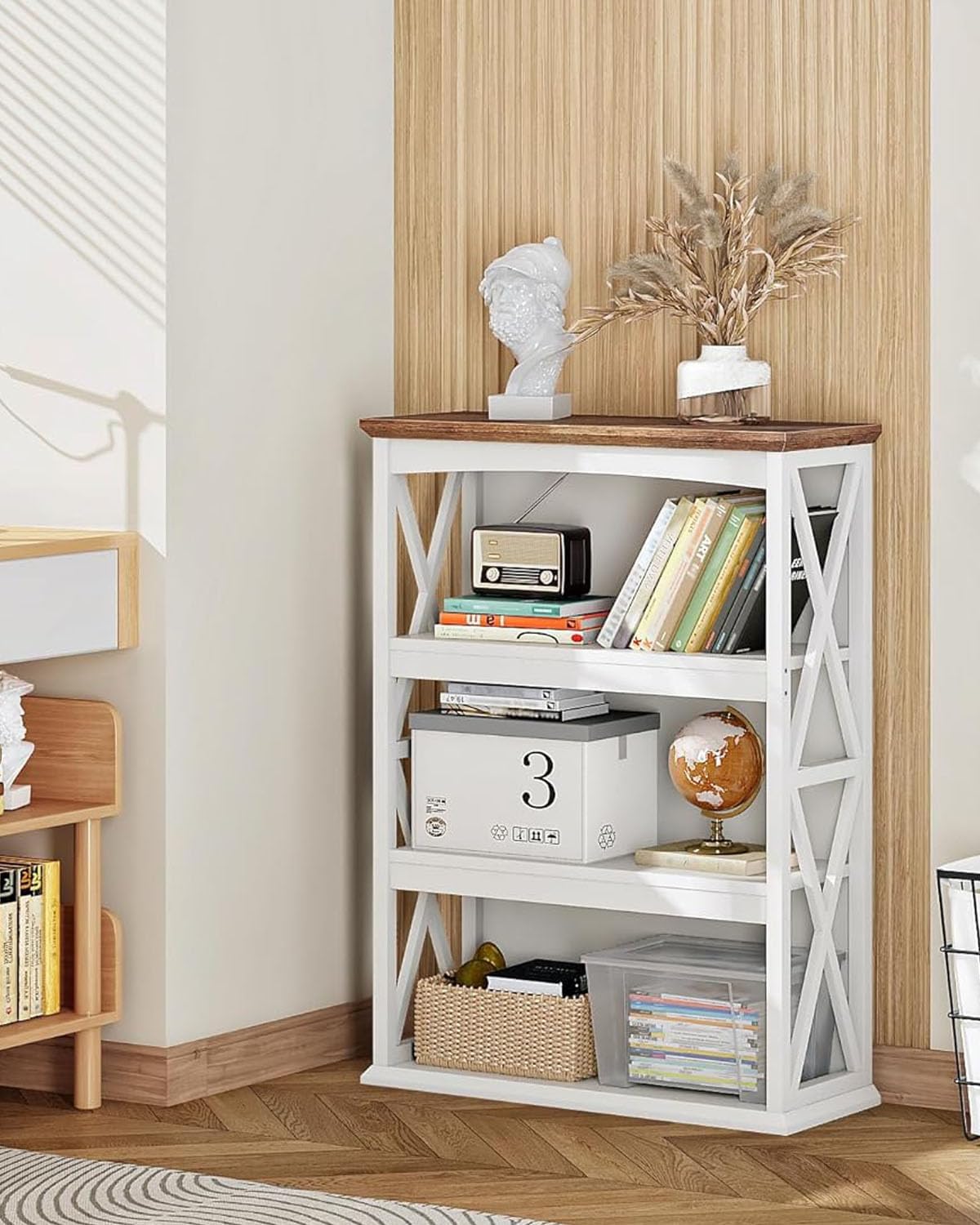 4-Tier Bookcase, 42.9" Floor Standing Organizer Shelf, Corner Book Stand, Metal Frame, for Study, Bedroom, Living Room, White and Walnut TSJ01WL