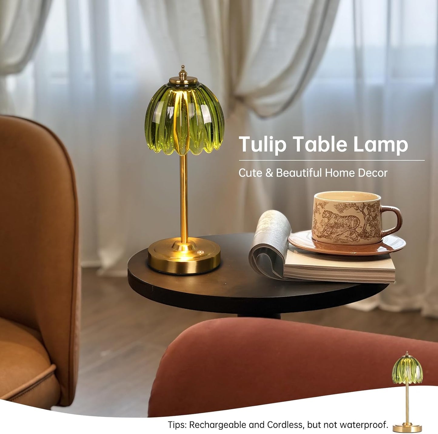 Tulip Table Lamp with 5000mAh Battery & Touch Control, Cordless Table Lamp with 3 Colors, Dimmable Rechargeable Table Lamps for Bedroom, Nightstand, Living Room, Entryways (Green Tulip)