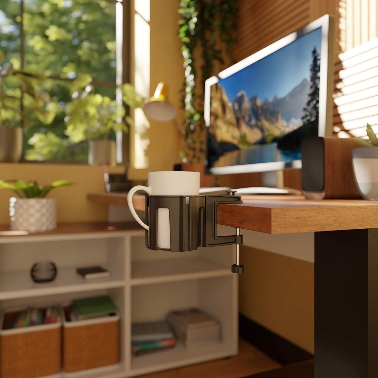 Original Large Desk Cup Holder Clamp – Cup-Holster, The Anti-Spill Cup Holder Mount for Your Table, Office & Gaming Setup – Multi-Directional Drink Holder & Headphone Hanger