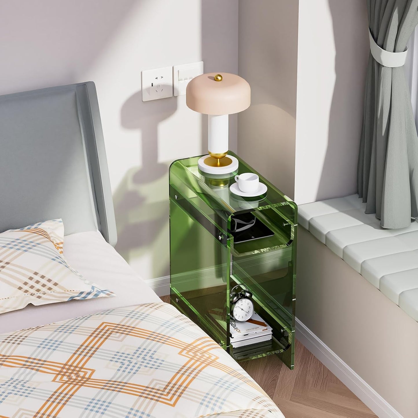 Clear Acrylic Side Table, Narrow Nightstand Bedside Table for Bedroom, Skinny Small End Table (Green, 8.7'' x 15.7'' x 21.7")