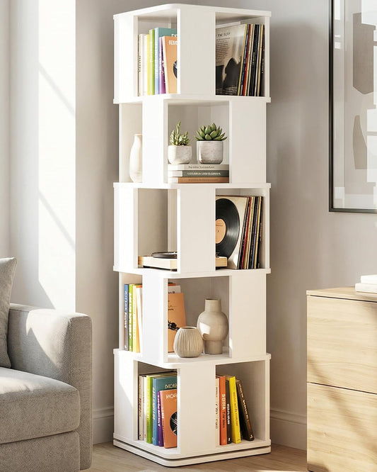 Foxemart 5-Tier Rotating Bookshelf Tower, 360° Spinning Modern Book Storage Bookcase, Stable Display Corner Book Shelf for Kids Room, Living Room, Bedroom, Home Office, White