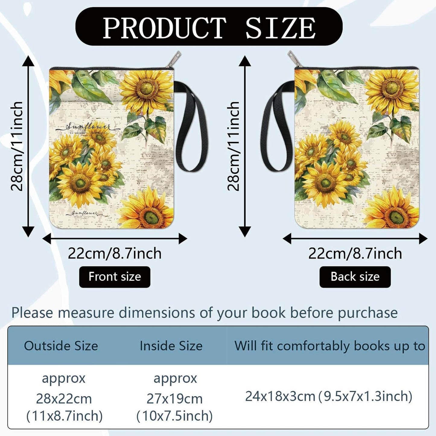 CRASPIRE Sunflower Book Sleeve with Zipper, Canvas, Floral Pattern, Book Cover for Hardcover, Paperbacks, Soft Books, Multi-function Pouch