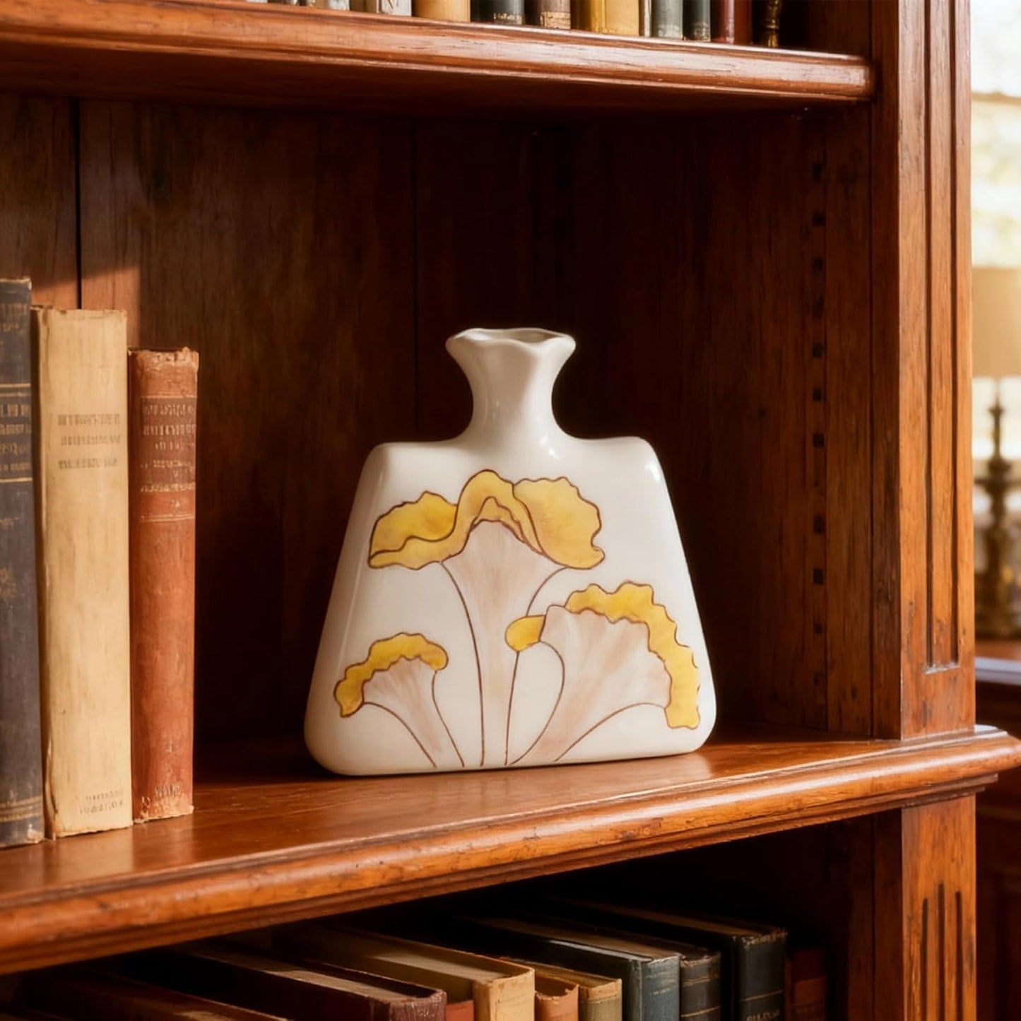 Modern Ceramic Flat Vase - 6.1" Small Decorative Flower Vase with Yellow Botanical Pattern - Boho Minimalist Home Decor for Bookshelf, Mantle & Desk