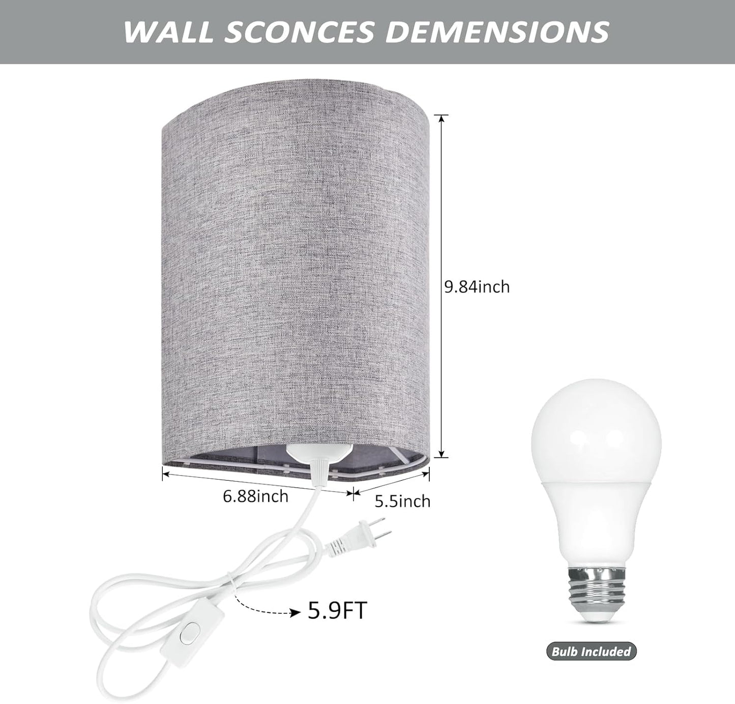 Wall Sconces Set of 2, Plug in Wall Sconces with On/Off Switch, 3-Color Selectable (3000K/4000K/6000K), Fabric Linen Lamp Shades, No Wiring Required, Ideal for Bedroom, Living Room, and Porch (Grey)