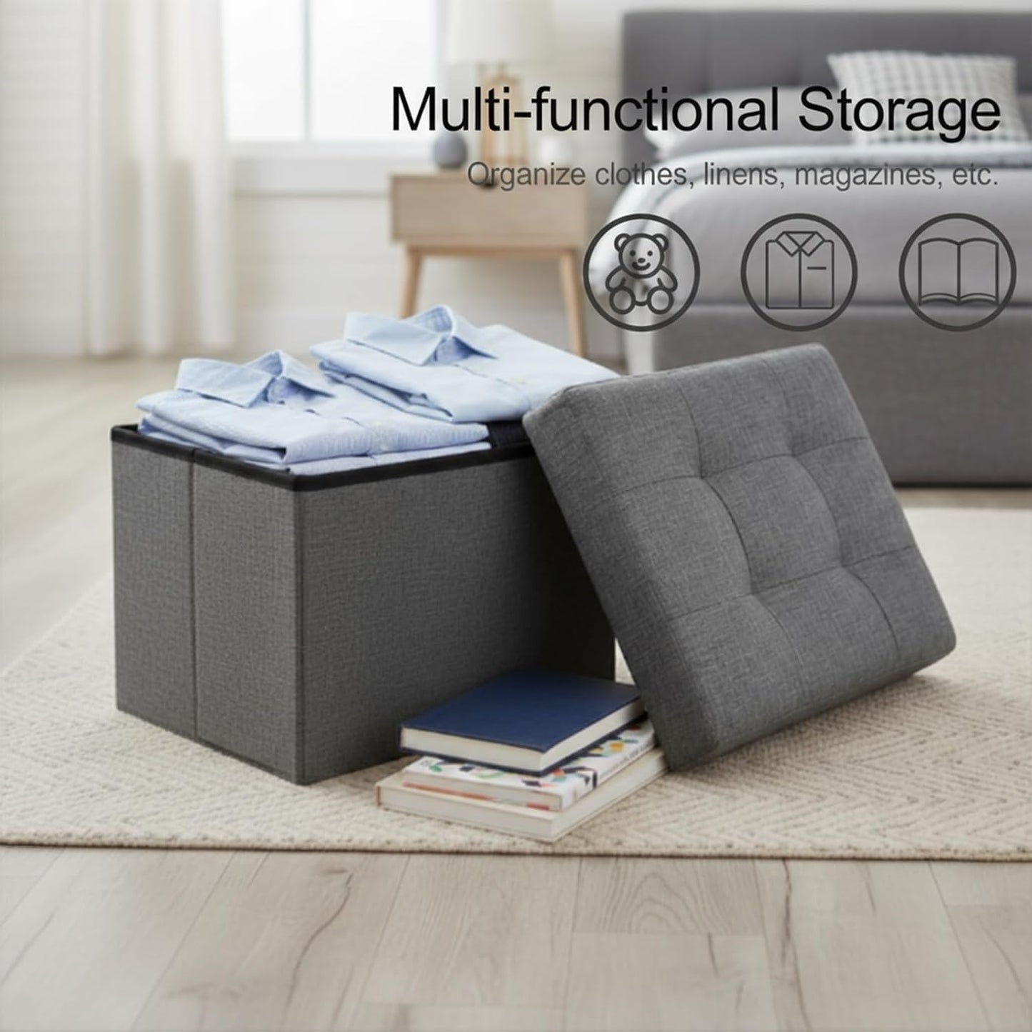 Storage Ottoman,Folding Ottomans with Storage,Linen Ottoman Foot Rest with Pocket,Foot Stool with Thicker Foam Padded for Living Room,Bedroom,Office,Dorm,287 lb Load Capacity,17x13x13in,Grey