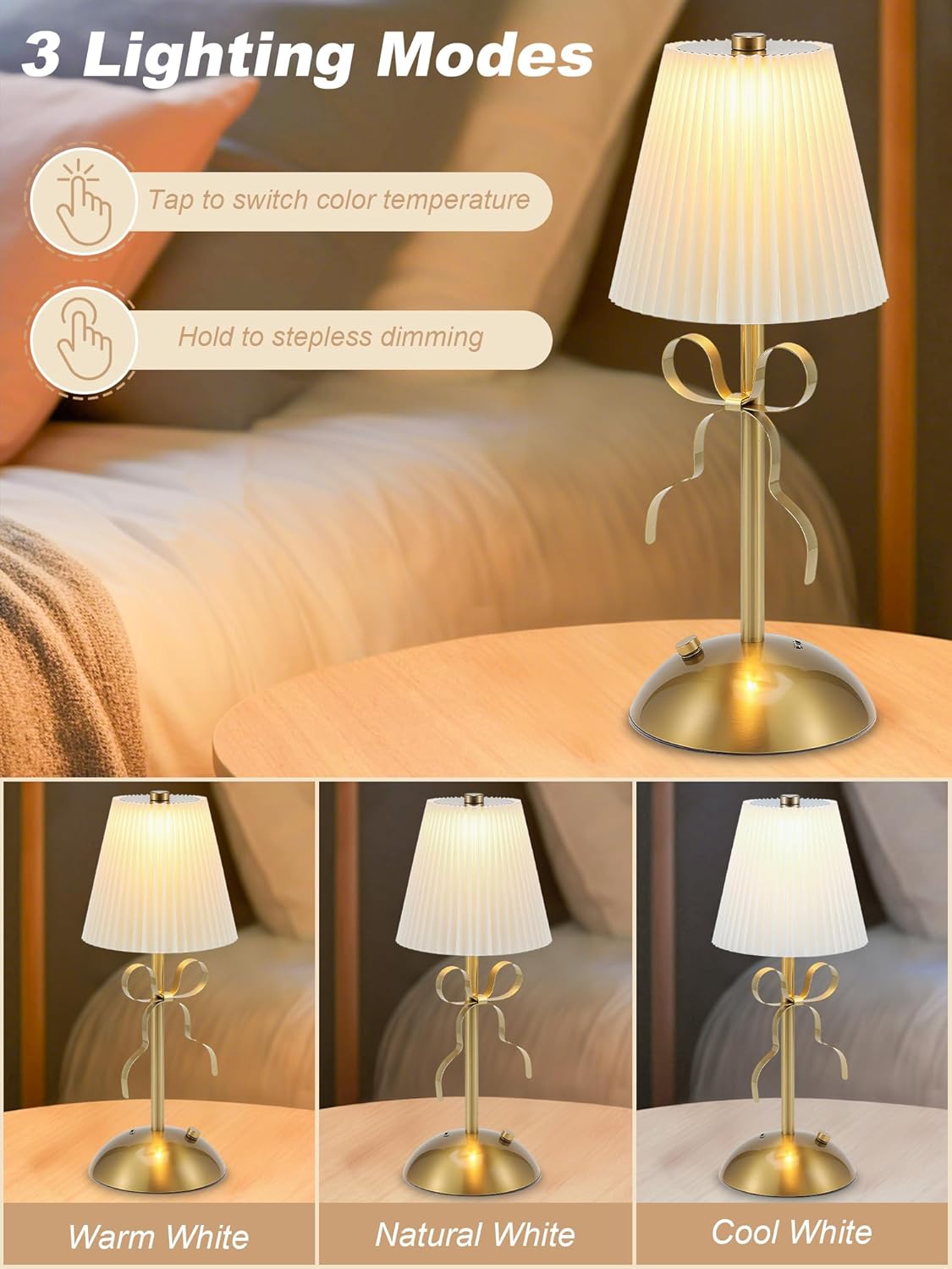 Cordless Table Lamp,Small Gold Bow Night Light,LED Rechargeable Reading Lights,3 Color Stepless Dimmable Touch Control Bedside Lamps,Bedroom Living Room Bar Desk Lamps Home Decor Ambient Lighting
