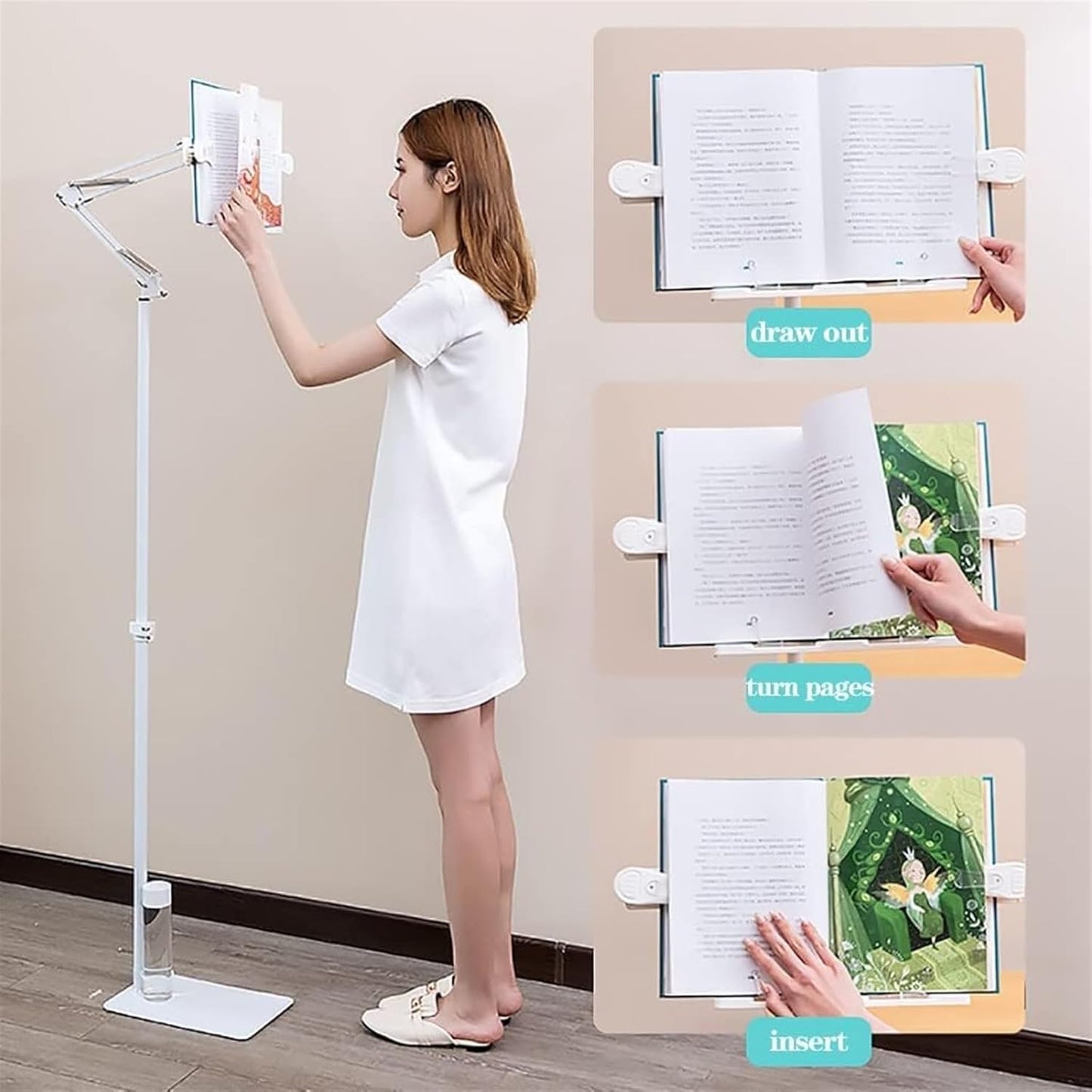 Floor Reading Stand Book Holder Adjustable Height Adjustable Cook Book Stand Floor Bracket Long Arm Table Bed Sheet Music Stand Multi Angle Rotation Floor Holder (Size : No lamp) (with lamp) ( )