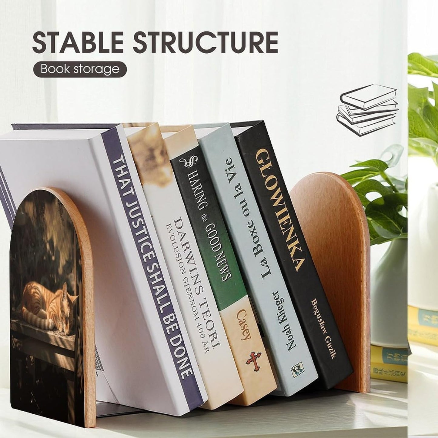 Orange Cat Sleeping Bookend for Shelves Wooden Book End Large Size Sturdy Book Holders Stoppers with Metal Base for Bookshelves Slick Decorative Bookends Stands