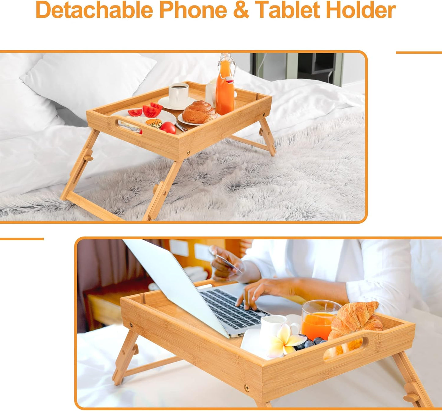 Greenual 2 Pack Bed Tray Table with Handles Folding Legs, Bamboo Breakfast Food Tray with Media Slot, Use As Platter, Laptop Desk, Snack, TV Tray Kitchen Serving Tray(Natural)