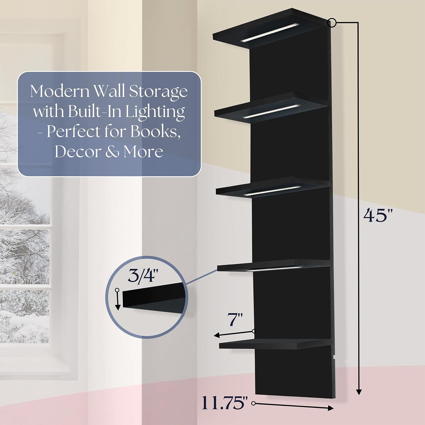 Sorbus LED Light Display Shelf - Vertical 5 Tier Wall Shelf Unit with 2 Hooks, Column Utility Shelving for Home Decor, Wall-Mounted Floating Shelves for Bathroom, Bedroom, Vanity, Figurine Display