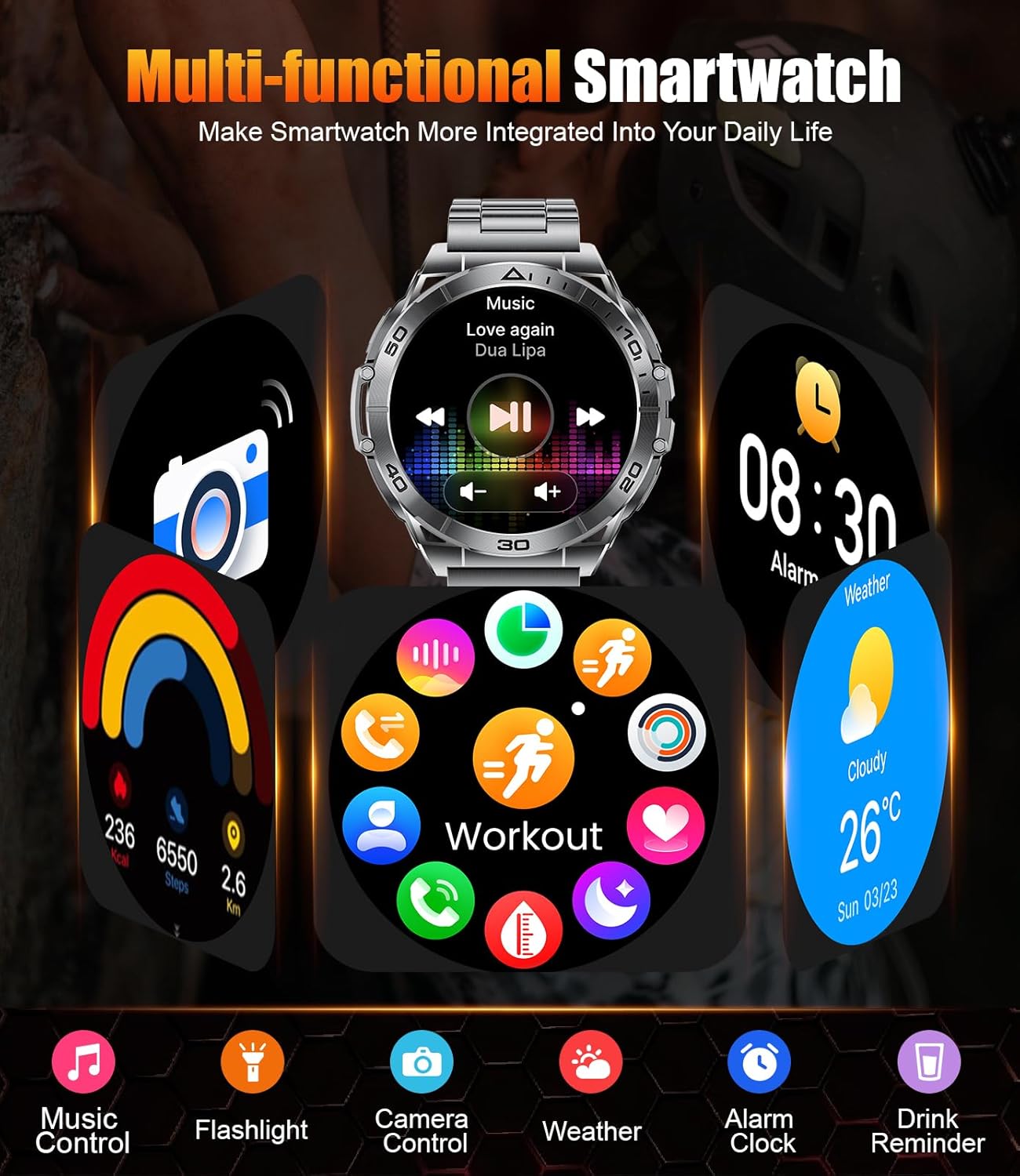 Smart Watches for Men with Flashlight,1.6" AMOLED Always on Display Outdoor Sports Smartwatch with 111 Sports modes ,Heart Rate/Sleep Monitor IP68 Waterproof Fitness Tracker for Android iOS,2 Straps