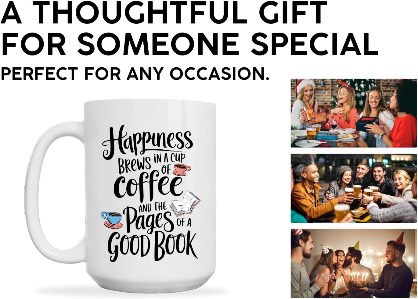 Book Lovers Coffee Mug 15oz White -Happiness Brews - Gift for Book Club Bookworm Bookish Reading Nerdy Avid Readers Women