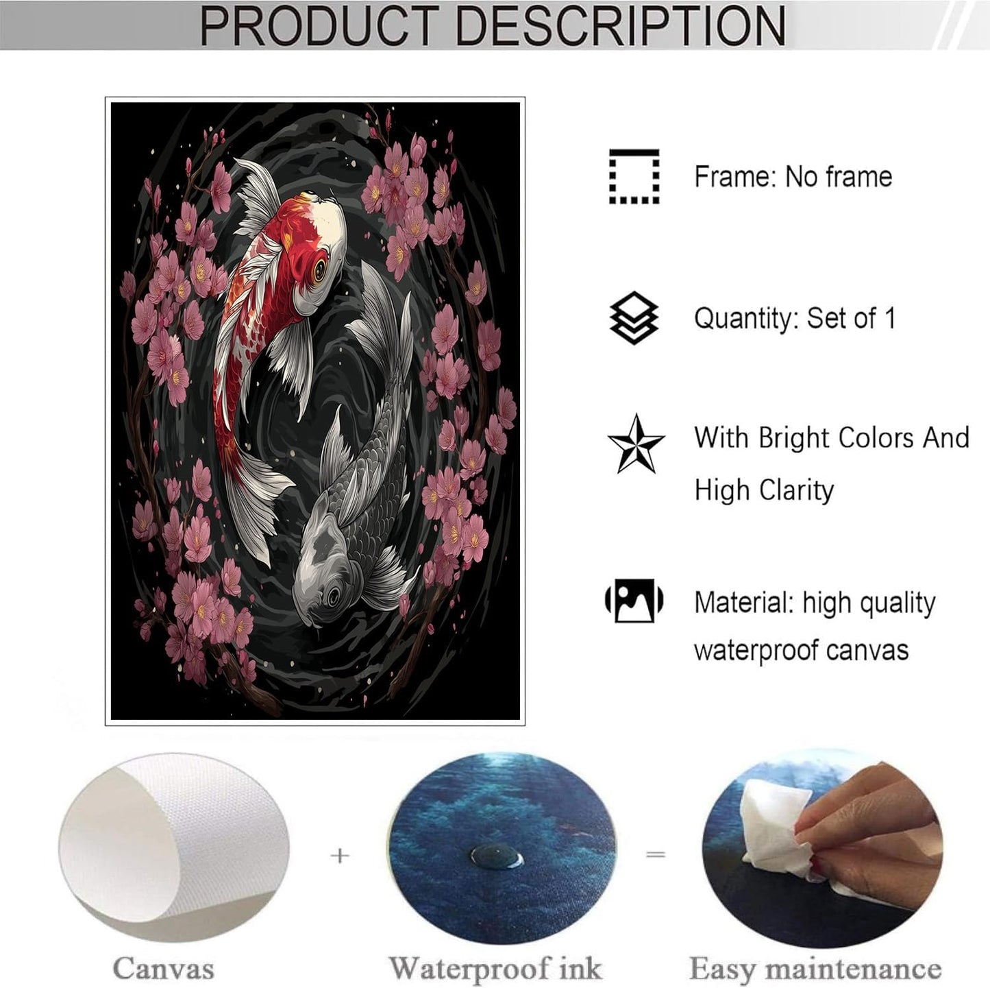 GDJSMIN Japanese Tattoo Aesthetics Wall Art, Yin And Yang Koi Cherry Blossoms Poster for Reading Room Living Room Decor 12x 16 inch Unframed
