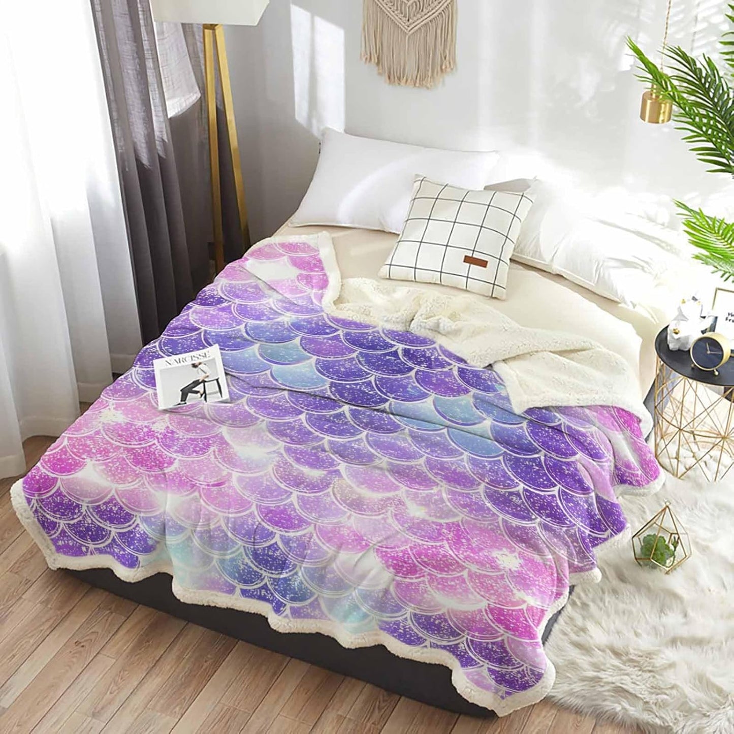 Sherpa Mermaid Fleece Blanket,Ombre Mermaid Charming Fish Scale Bed Blanket Soft Cozy Luxury Blanket 40"x50", Fuzzy Thick Reversible Super Warm Fluffy Plush Microfiber Throw Blanket for Couch