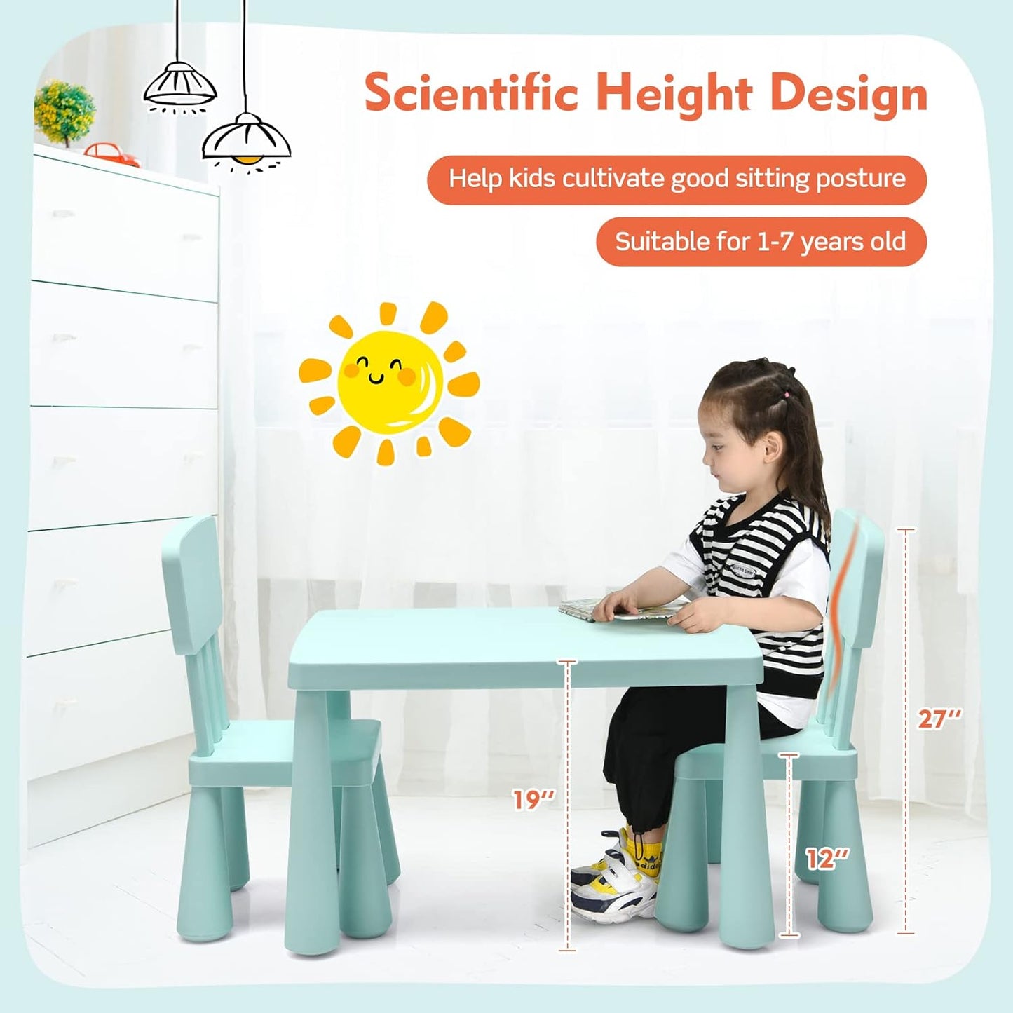 Toddler Table and Chair Set, Plastic Kid Activity Table & 2 Chairs, 3-Piece Children Playroom Furniture Set for Reading, Writing & Painting, Kids Table and Chair Set for Age 3-7 (Green)
