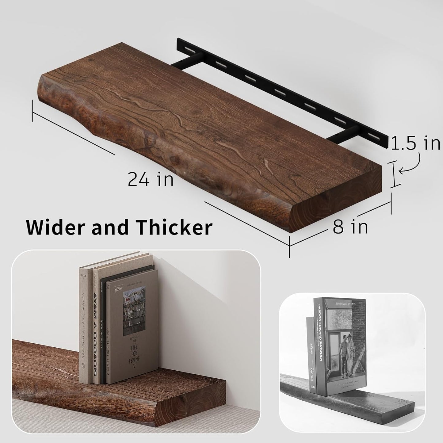 SAUMONIERES Live Edge Floating Shelves for Bedroom Living Room Wall Mounted Storage Long Natural Elm Wood Shelf Large Heavy Duty 8 Inch Deep, 24 inch Set of 2 Walnut Floating Shelves