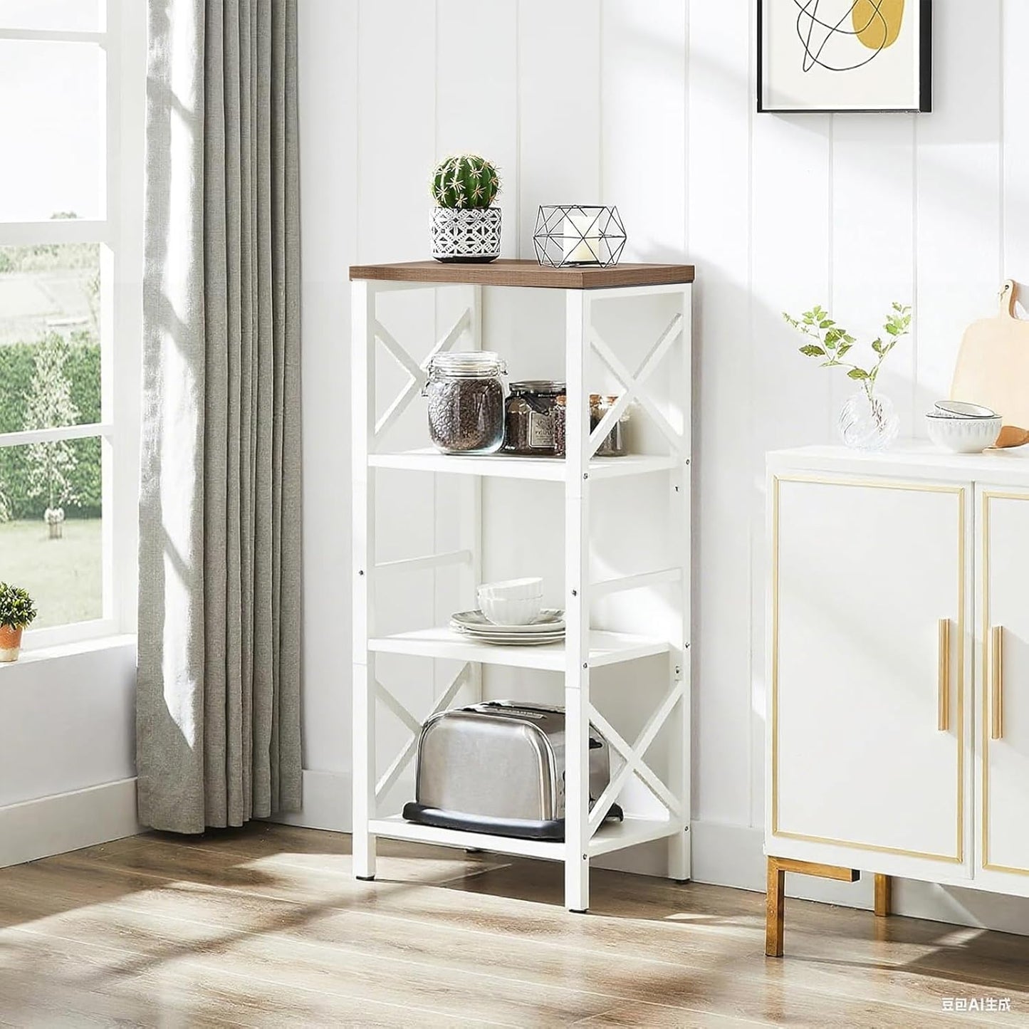 Small Bookshelf,4 Tier Industrial Bookcase with Metal Frame and Backboard,Narrow White Book Shelf,Book case for Small Spaces,Living Room,Bedroom and Home Office