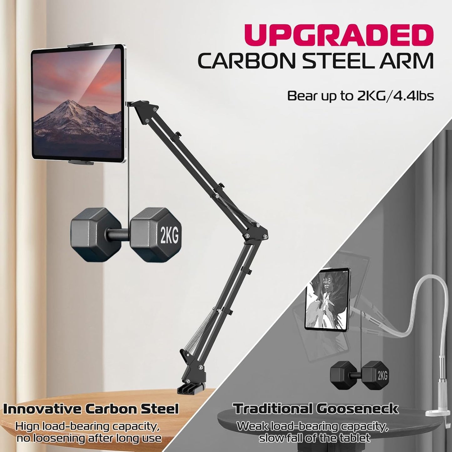 ULANZI T2 Adjustable Tablet Holder for Desk, Carbon Steel Tablet Phone Stand for Bed, Flexible Tablet Arm Clamp Compatible with iPhone 17 16 15 Pro iPad Kindle Galaxy Tab 4.6-12.9 Inch Devices