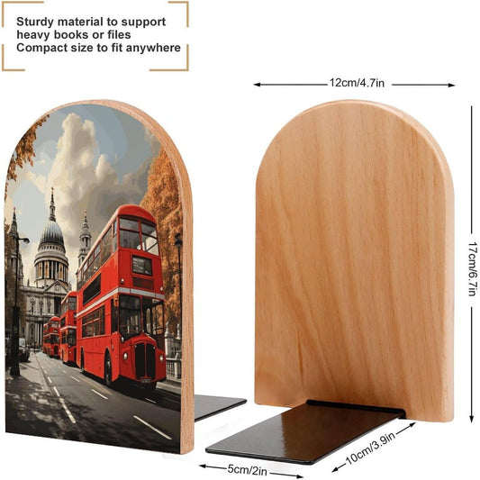 Red Bus Wooden Bookend Non-Slip Book Ends Heavy Duty Book Stopper with Metal Base Books Holderd Decorative Bookends Stands Firmly for Office Supplies