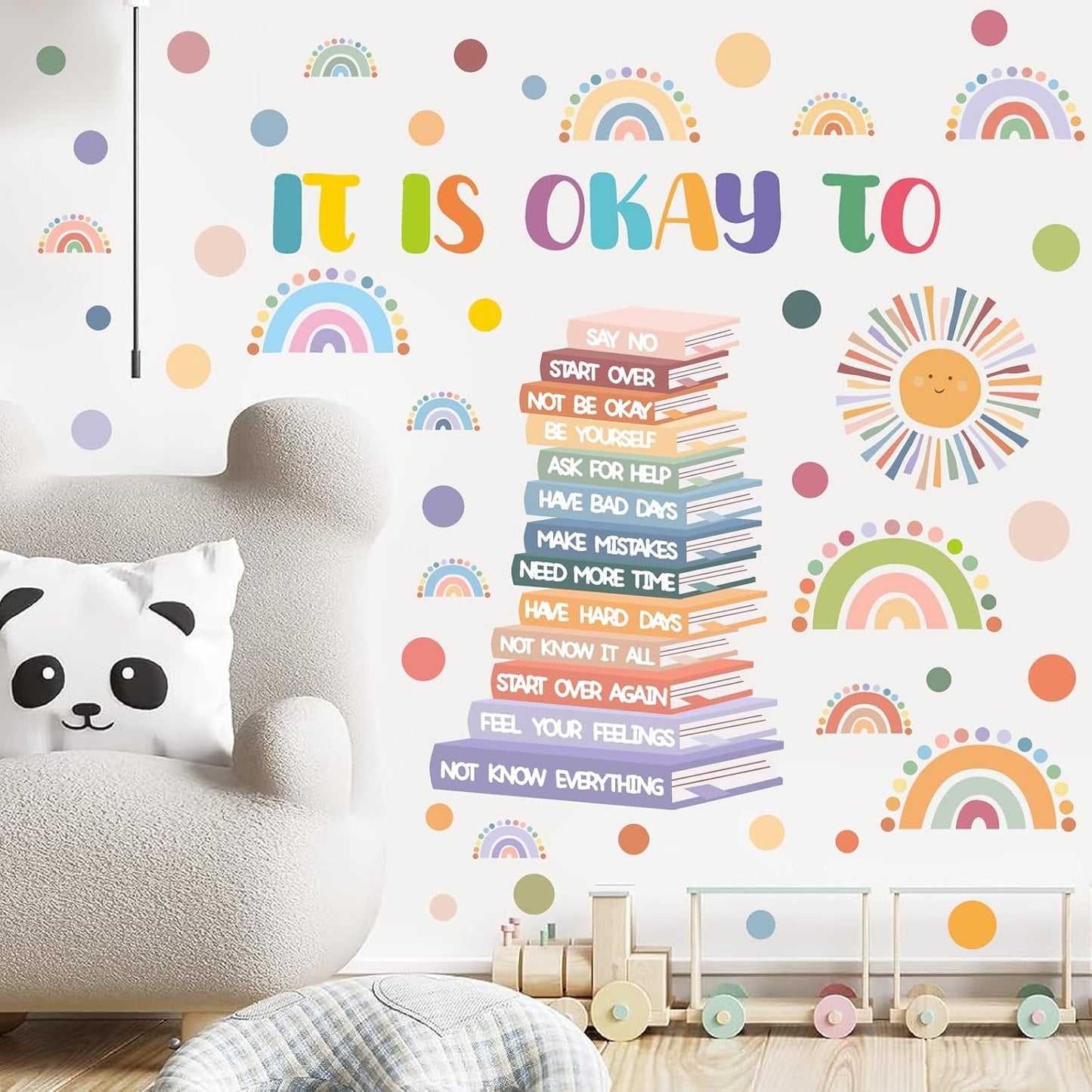 Kids Inspirational Wall Decals Motivational Quotes Wall Stickers Peel and Stick Reading Wall Decals Watercolor Polka Dots Rainbow Sun Wall Stickers for Nursery Classroom Playroom Reading Room Decor