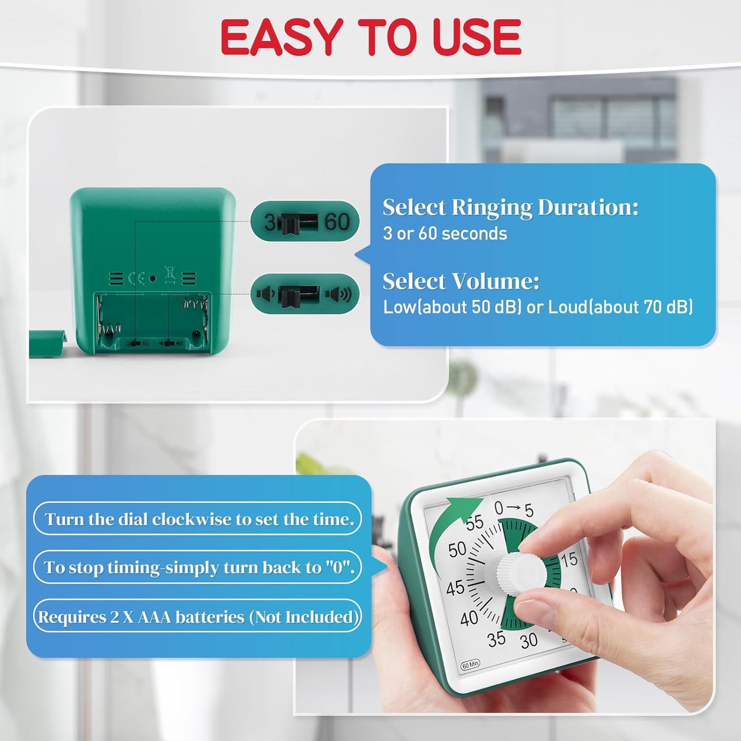 Secura 60-Minute Visual Timer, Classroom Timer, Countdown Timer for Kids and Adults, Time Management Tool for Teaching (Dark Green & Dark Green)