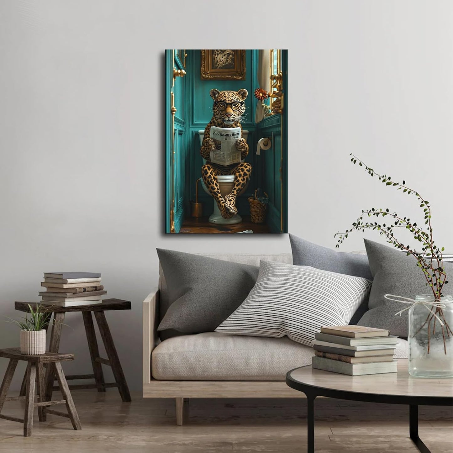 chenmjj Leopard Wearing Glasses and Reading Newspaper in Toilet Print Poster Picture HD Print Poster Retro Painted Modern Home Bedroom Room Aesthetic Decoration Canvas Art (08x12inch Unframed)