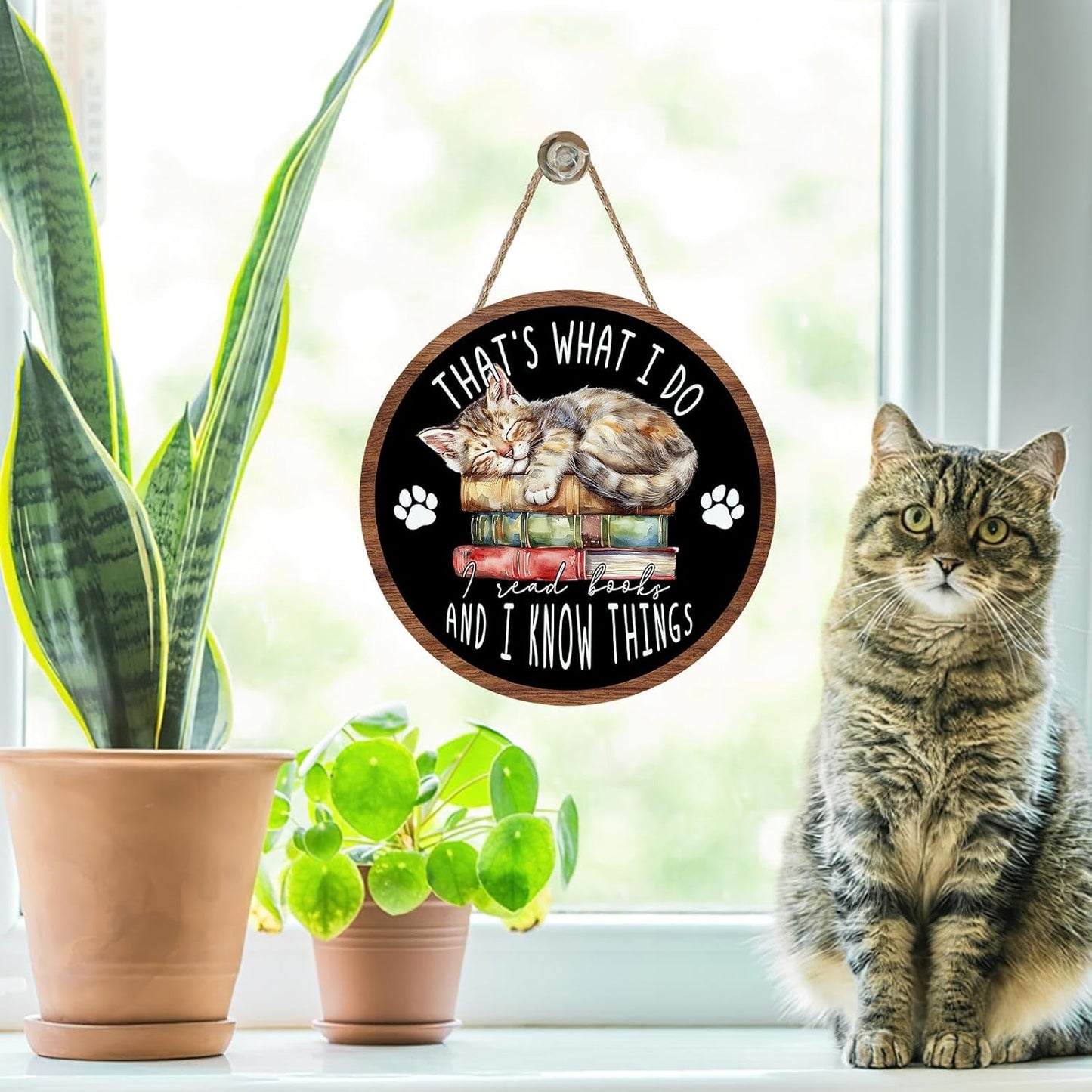 Reading Corner Cat Front Door Sign, Inspirational That's What I Do I Read Books And I Know Things Wood Plaque Hanger, School Classroom Library Wooden Wreath Wall Hanging Decor Book Lovers Gift