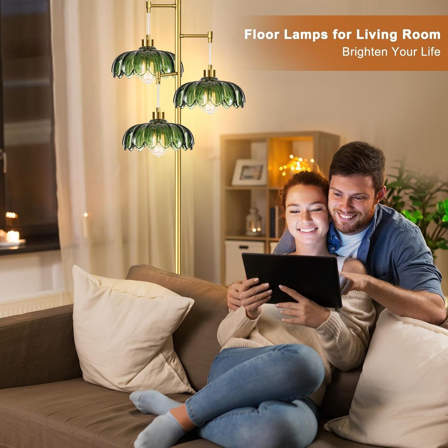 Gold Floor Lamp for Living Room Bedroom,Modern Floor Lamps with Unique Green Glass Shades,3 Lights Mid Century Tall Standing Lamp,Vintage Tree Flower Floor Lamp for Corner Office Reading