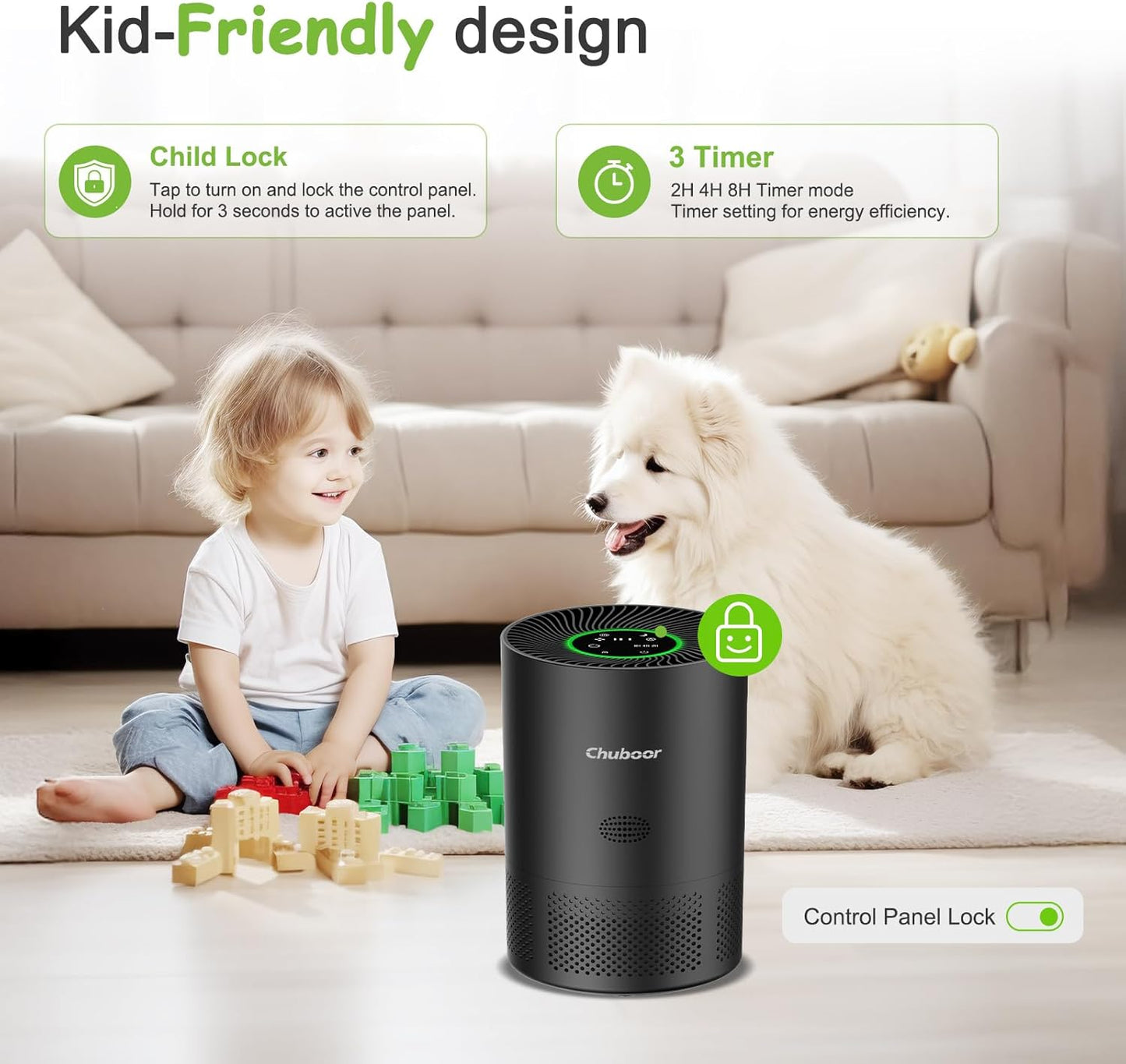 Chuboor Air Purifiers for Home Large Rooms, H13 True HEPA for Bedroom Dorm Room Pets, kitchen, washroom, with Timer, Auto Mode, Sleep Mode, for Smoke and Dust, Pollen, Odors, PJ01, Black