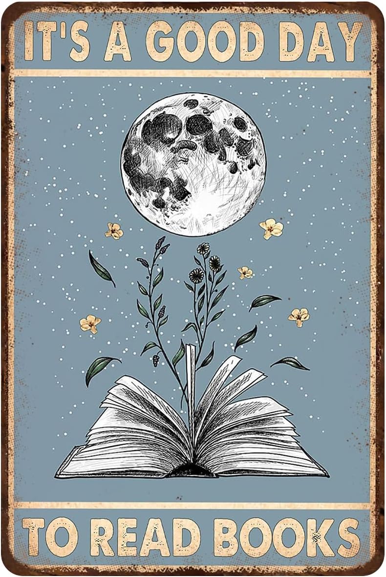 Mocozim Rustic Retro Metal Tin Sign It's A Good Day to Read Books Poster Love Reading Vintage Book Wall Art Vintage Tin Sign for Office Home Classroom Library Bedroom Wall Decor 8x12 Inch