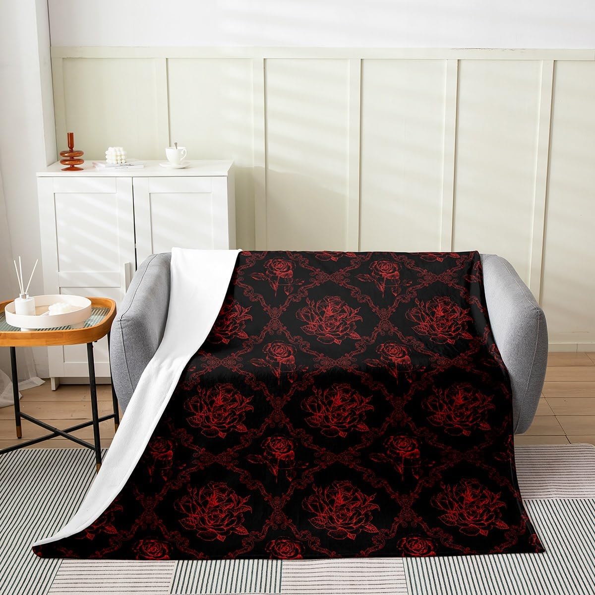Feelyou Adults Gothic Fleece Throw Blanket Twin 60"x80" Vintage Rose Plush Blanket for Sofa Couch Red Black Damask Fuzzy Blanket Luxury Floral Flower Room Decorations