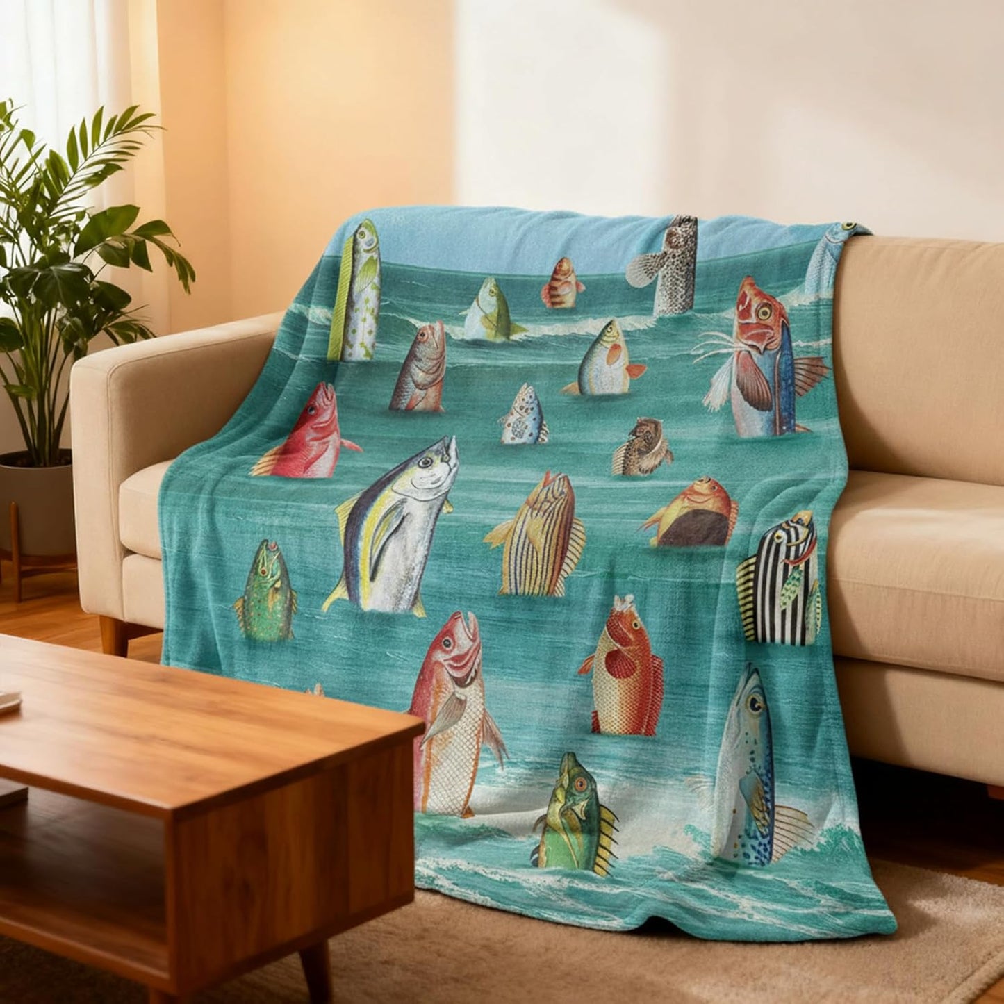 kampdream Surreal Fish Wave Flannel Blanket, Humanoid Standing Fish Art, Super Soft and Warm for Couch Sofa Living Room Ideal Gift for Friends Teal 50×60 inch