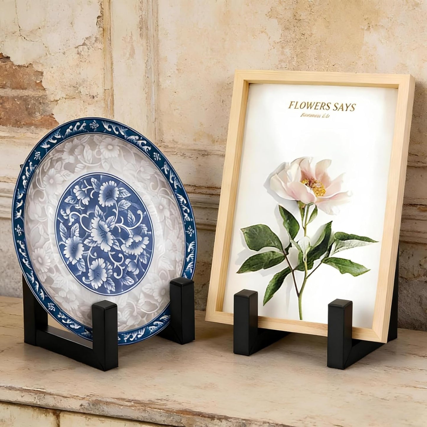 2 Pack Large Plate Stands, 8" Tall Picture Stands for Display, Industrial-Style Metal Wall Mount Photo Frame Holders, Heavy Duty Black Tabletop Easels for Pictures, Books, Platters, Artworks