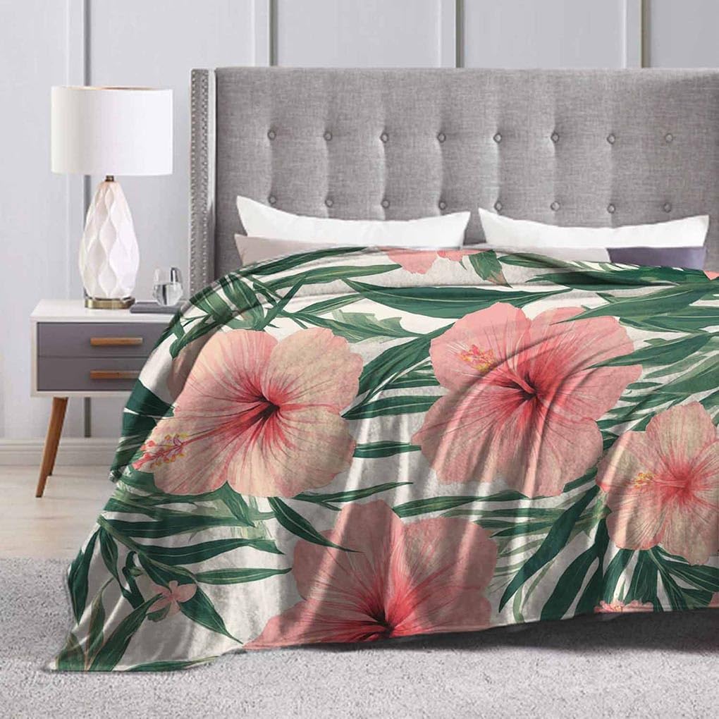 Mugod Exotic Floral Throw Blanket Tropical Flower Pink Hibiscus Palm Leaves Dark Green Decorative Soft Warm Cozy Flannel Plush Throws Blankets for Baby Toddler Dog Cat 30 X 40 Inch