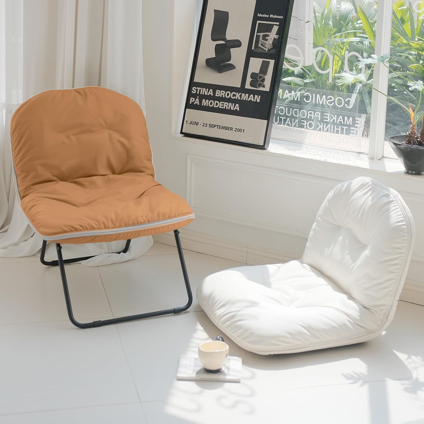 ZonLi Folding Vegan Leather Saucer Moon Chair, Comfy Soft Cozy Papasan Lounge Floor Chair for Adults,for Bedroom, Dorm, Living Room, Gaming Room, Study Corner, Portable Seat,Brown