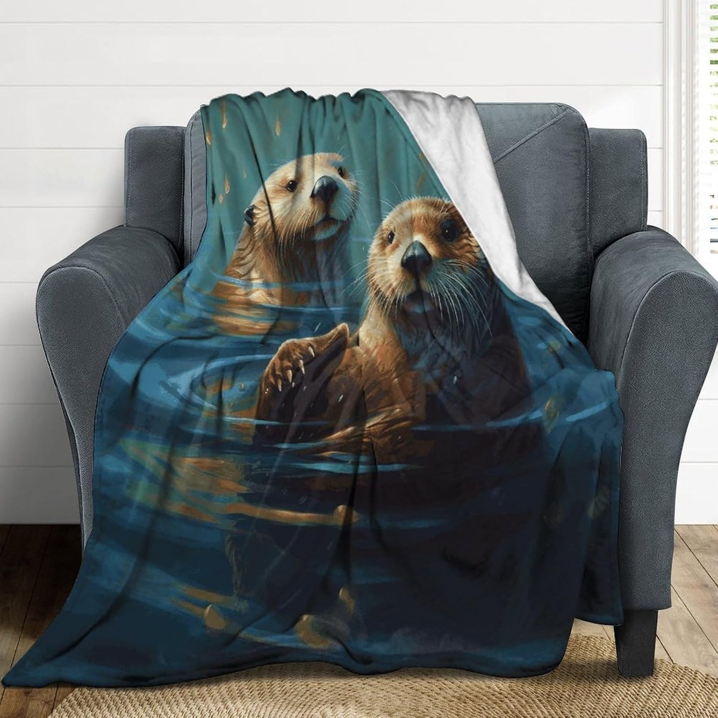 Sea Otters Painting Blanket Super Soft Lightweight Throw Blanket Cute Cozy Warm Bed Blanket Decorative Fuzzy Blanket All-Season Home Decor Gift for Sofa Couch Living Room 40"*50" （100 * 130cm）