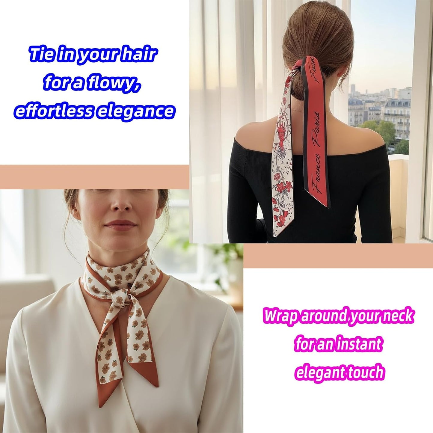 GoldenLife Fashion Scarves for Women, Multifunctional Boho Scarves Headbands Satin Scarf for Bag Hair Accessories (6 Pack)