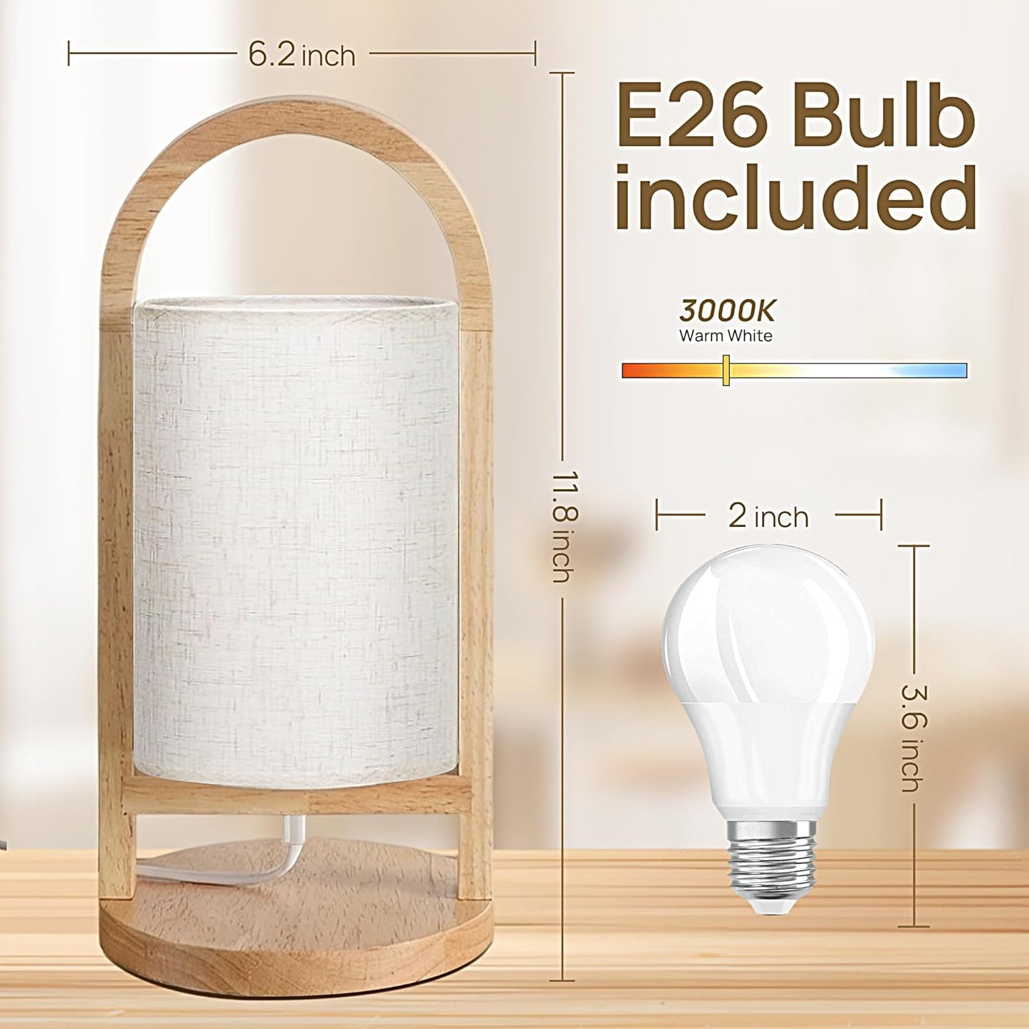 Small Table Lamp with Handle, 3 Color Temperature Bedside Lamp for Bedroom, Wood Base with Linen Shade, Portable Modern Nightstand Lamp for Living Room, Office & Dorm (LED Bulb Included)