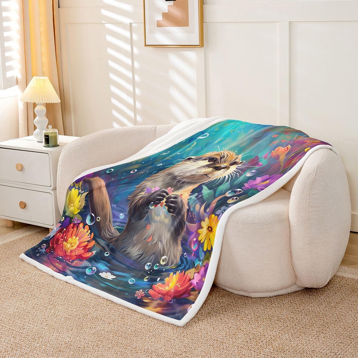 Feelyou Cute Otters Sherpa Throw Blanket for Couch Sea Otters Ocean Super Soft Cozy Fleece Sealife Blanket for Winter, Plush Throw Underwater Animals Throw 50"x60" All Season
