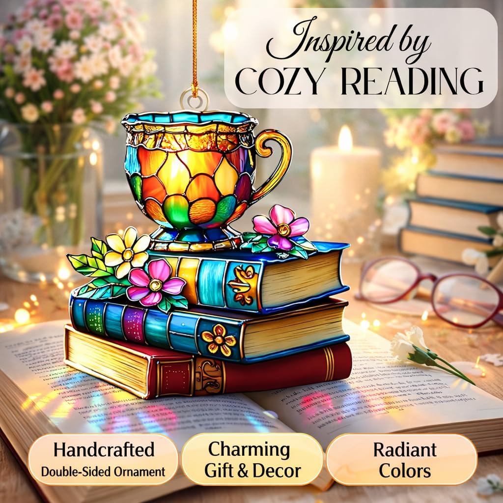 Book Lovers Gifts for Women -Tea Books Ornament, Floral Book Ornament, Gift for Readers Friends Coworker, Hanging Literary Decor, Reader, Bookworm, Book Ornament Faux Stained Glass Window Hanging.