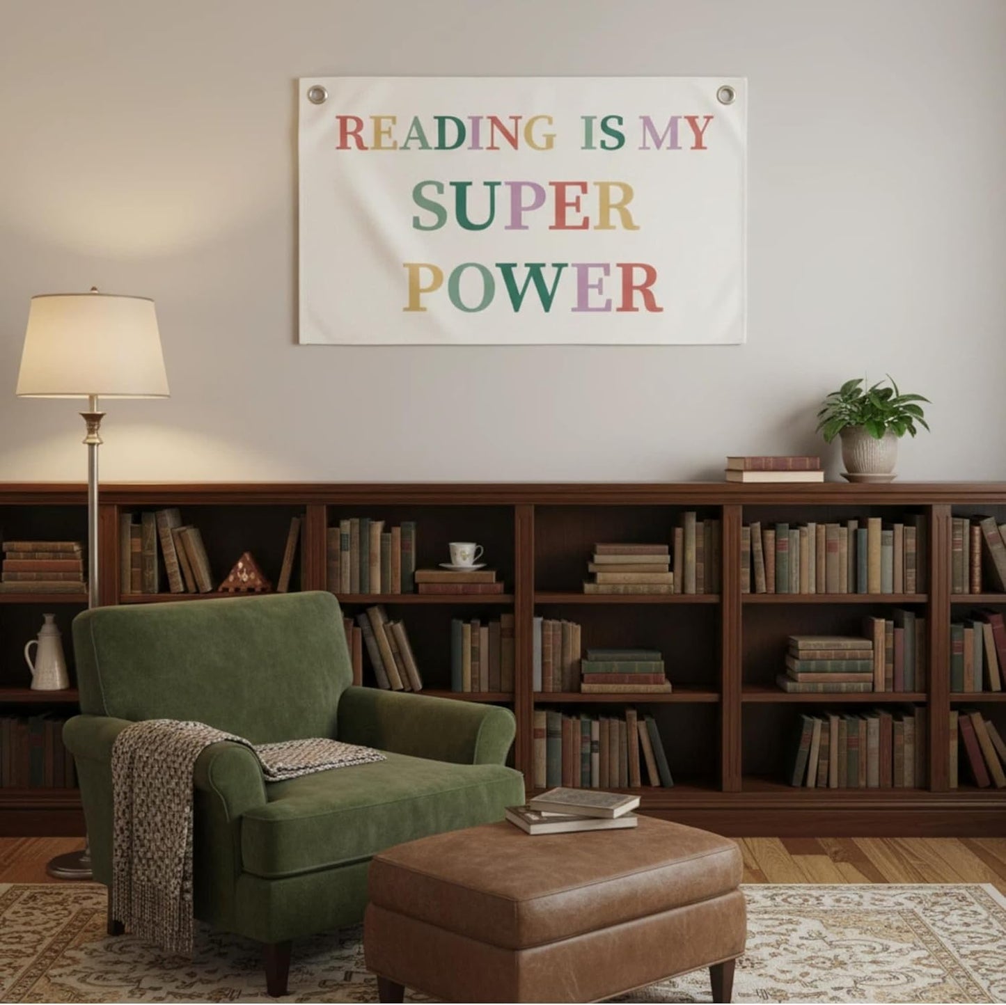Canvas Wall Hanging Banner Decor (30"L x 20"W), "READING IS MY SUPER POWER" Inspirational Quote Fabric Sign, Boho Minimalist Wall Art with Metal Grommets for Library, Classroom & Reading Nook