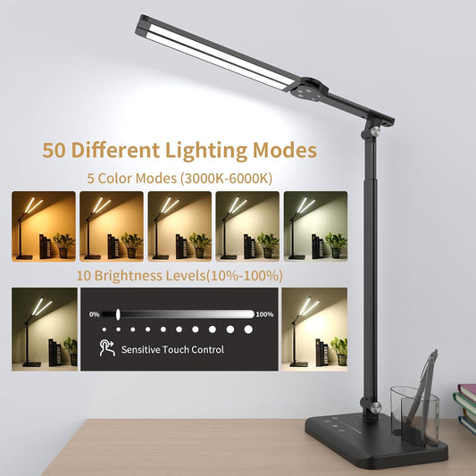 LED Desk Lamp, Dual Heads, Height Adjustable, USB Charging Port, 5 Light Modes & Dimmable Brightness, Bedside Lamp for Reading, Craft, Work, Study (Black, 15W)