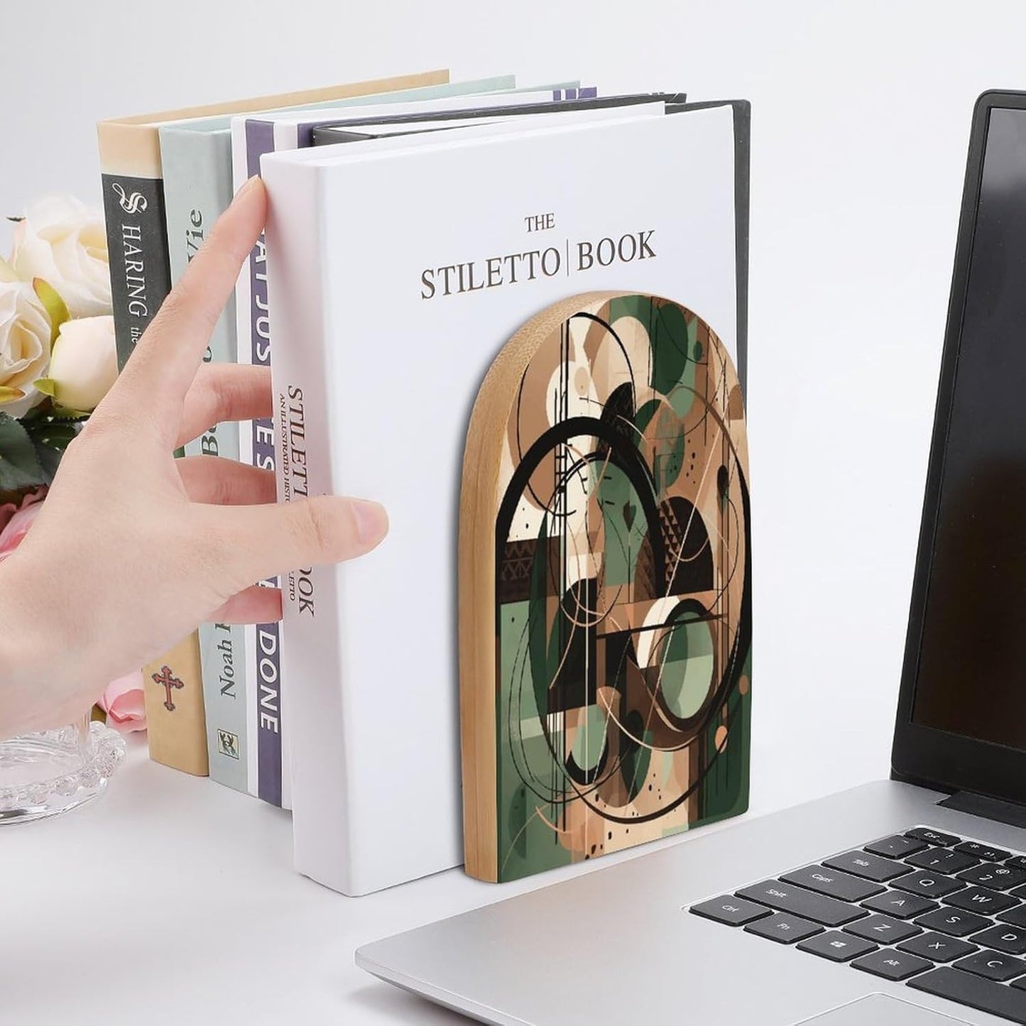 Green Circle Pattern Bookend for Shelves Wooden Book End Large Size Sturdy Book Holders Stoppers with Metal Base for Bookshelves Slick Decorative Bookends Stands