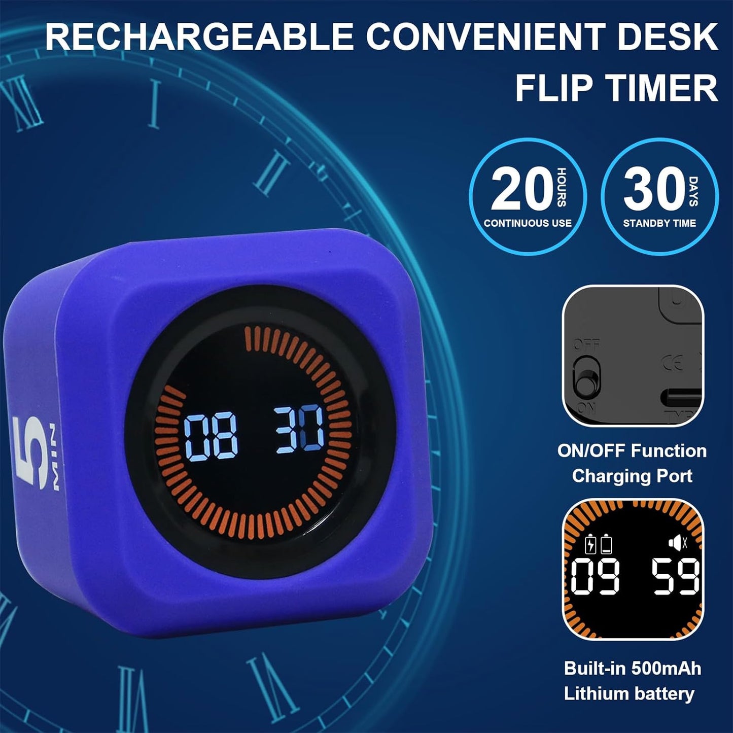 Rotating Cube Visual Pomodoro Timer 5, 25, 10 50 Minutes Preset + Custom Countdown, Rechargeable Desk Productivity Flip Timer with Detachable Silicone Cover for ADHD Study Work Kitchen School (White)