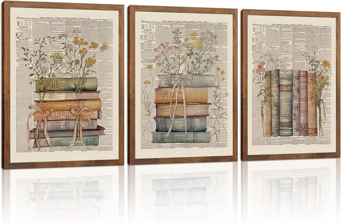 Vintage Book Wall Art Set of 3, Preppy Bow Floral Dictionary Book Canvas Prints, Floral Wildflower Wall Decor for Office Dorm Classroom Bedroom Home Decor 16x24in Wood Framed